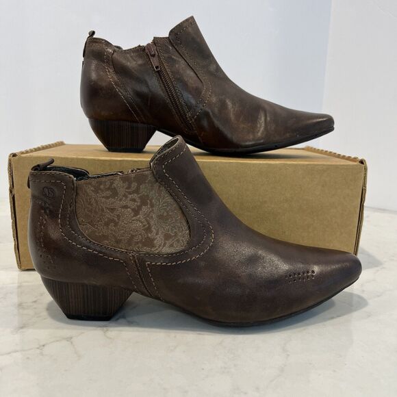 Josef Seibel Boots Womens EU 37 Boho Ankle Booties Brown Leather Zip Heeled - Picture 1 of 15